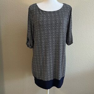Charter Club M Blue White Geometric Stretch Knit Top Short Sleeve